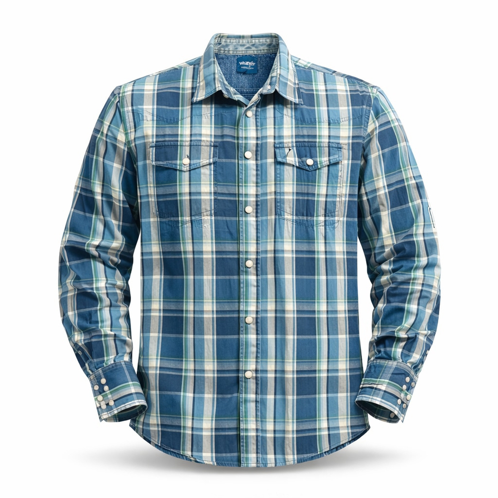 Vtg Wrangler Men's Western Pearl Snap Heavyweight Shirt Blue Plaid Sz L